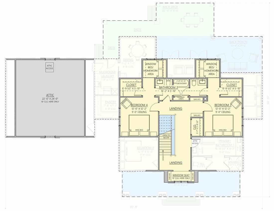 Second level floor plan with two bedrooms separated by a Jack and Jill bathroom.