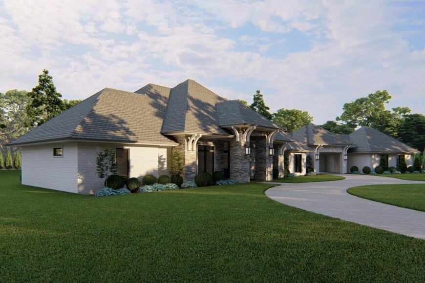 Front-left rendering with hipped rooflines, stone exterior, and large pillars adorned with decorative brackets.