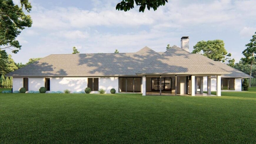 Rear rendering showcasing its sprawling floor plan and outdoor space.