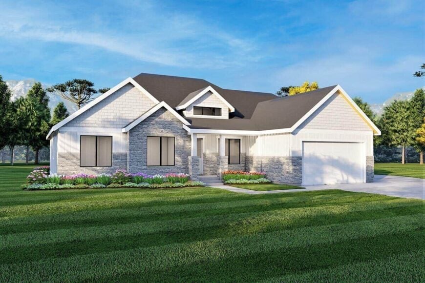 Front rendering showcasing its mixed exterior, gable rooflines, and a covered entry porch lined with tapered columns.