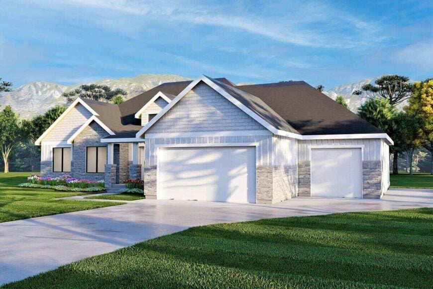 Front-right rendering with a 3-car garage complemented with a concrete driveway.