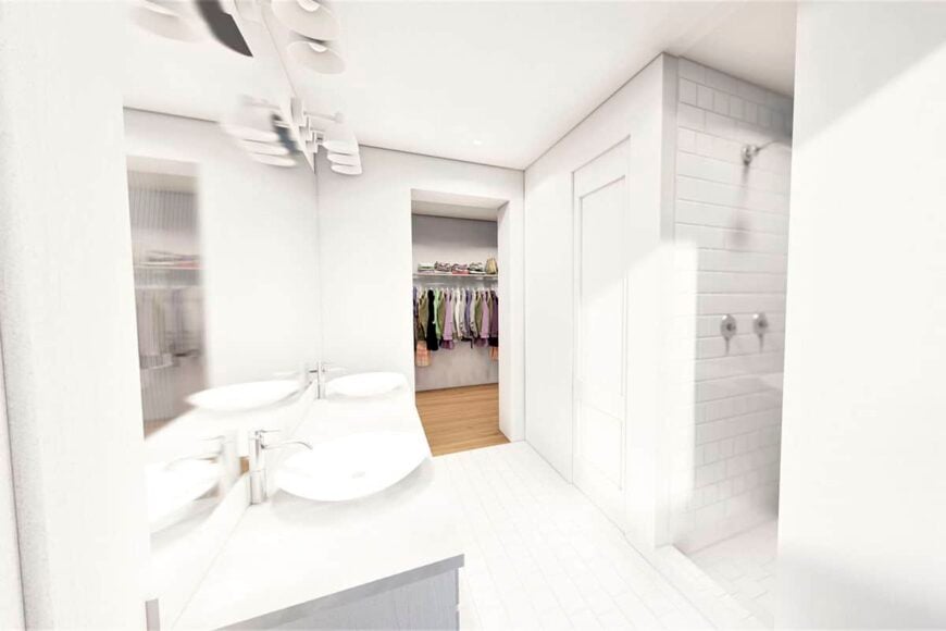 Primary bathroom with stark white walls, tiled flooring, and a walk-in closet.