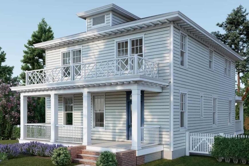 Angled front rendering with clapboard siding, a cupola, decorative balcony, and a welcoming porch with a blue entry door.