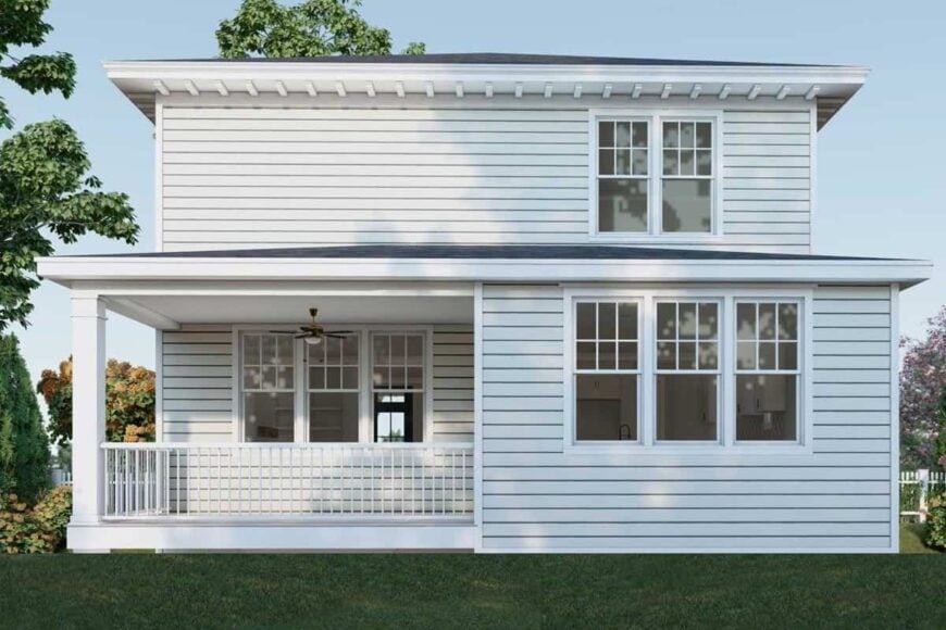 Rear rendering with exposed rafter tails, white framed windows, and a covered porch.