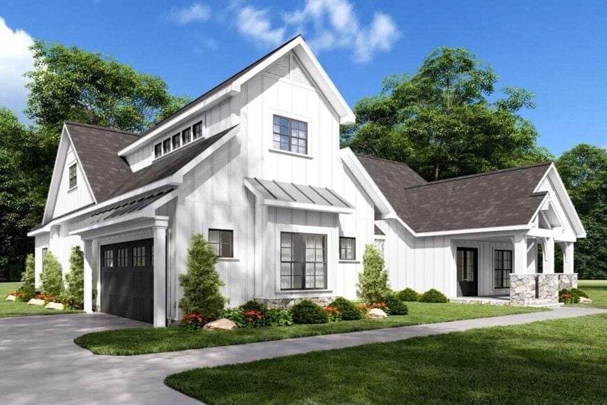 Front-left rendering with side-loading garage and clerestories that bathe the interior with natural light.