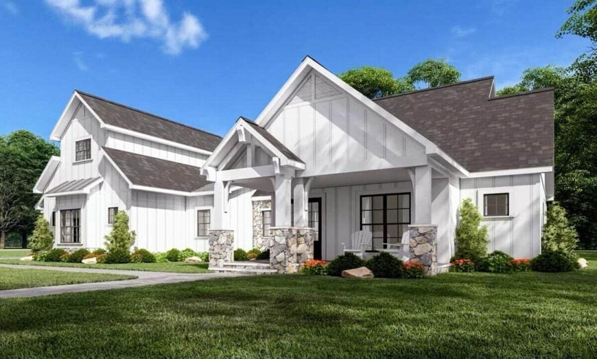 Front-right rendering with board and batten siding, and a covered entry porch framed with tapered columns.