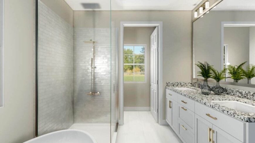 Dual sink vanity along with a walk-in closet complete the primary bathroom.