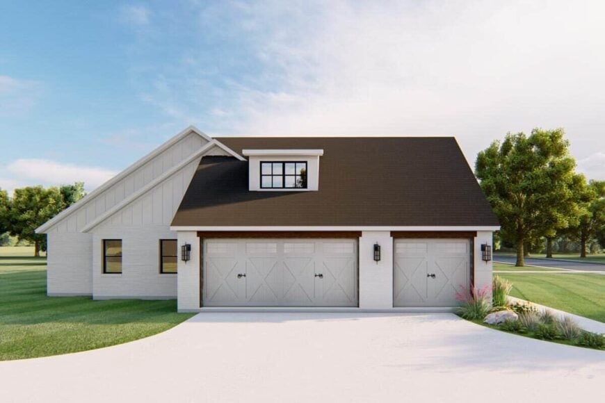 Left rendering showcasing the 3-car garage topped with a shed dormer.