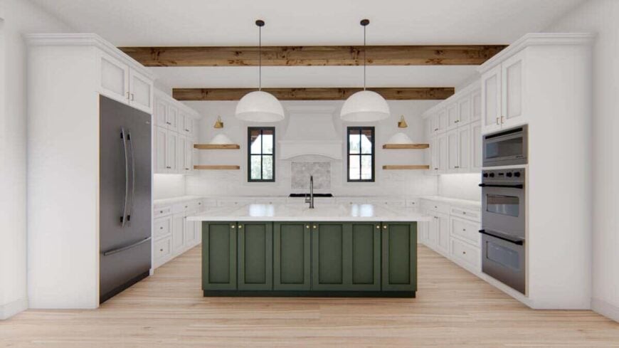 The kitchen features a beamed ceiling and a dark green island that stands out against the white cabinets.