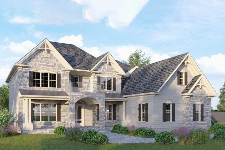 Front-left rendering showcasing its stone and siding, shuttered windows, and a balcony over the covered entry porch.