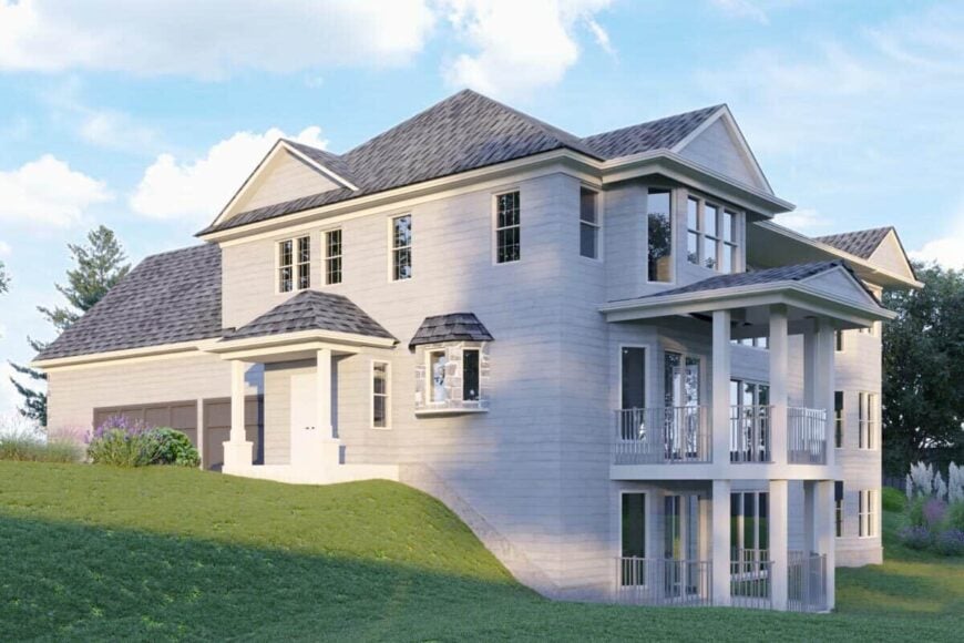 Rear-right rendering showing the covered porches and walk-out basement.