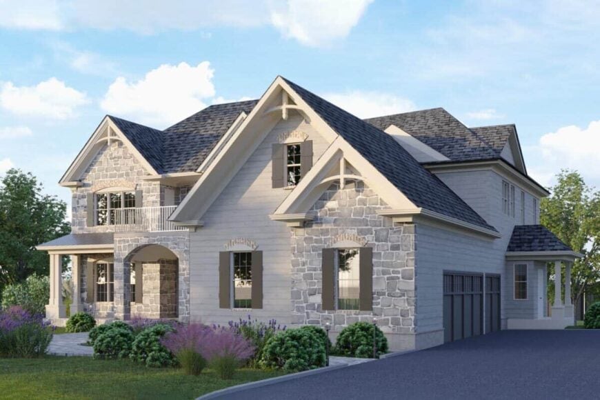 Front-right rendering with 3-car garage and a side covered porch.