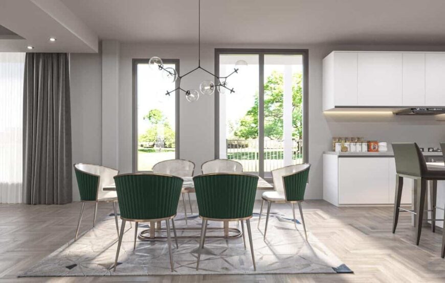 The dining area features a contemporary chandelier and 6-seater dining set over a beige area rug.