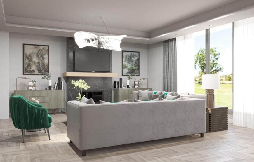 Grand room with modern seats, a marble fireplace, and floor-to-ceiling windows overlooking the front yard.