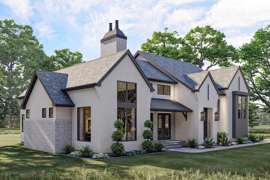 Front-left rendering with multiple gables and plenty of sleek windows.