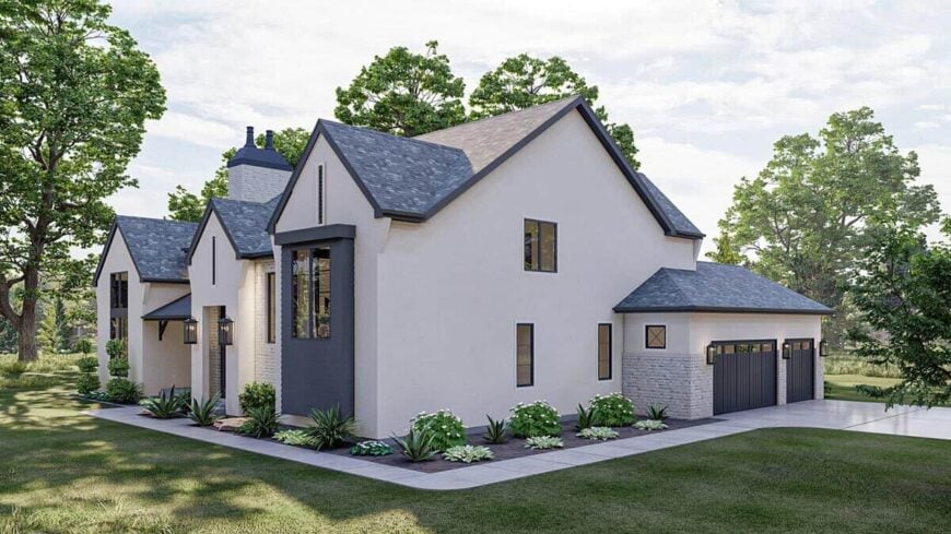 Front-right rendering showing the 3-car garage and concrete driveway.