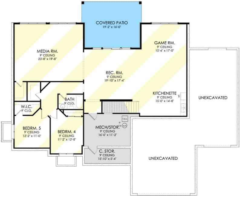 Lower level floor plan with two bedrooms, a media room, game room, and rec room with kitchenette.