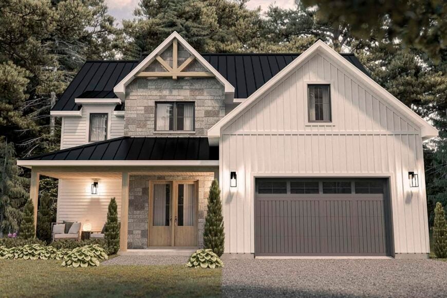 Front rendering with stone and siding, metal roofs, a single garage, and a covered entry porch.
