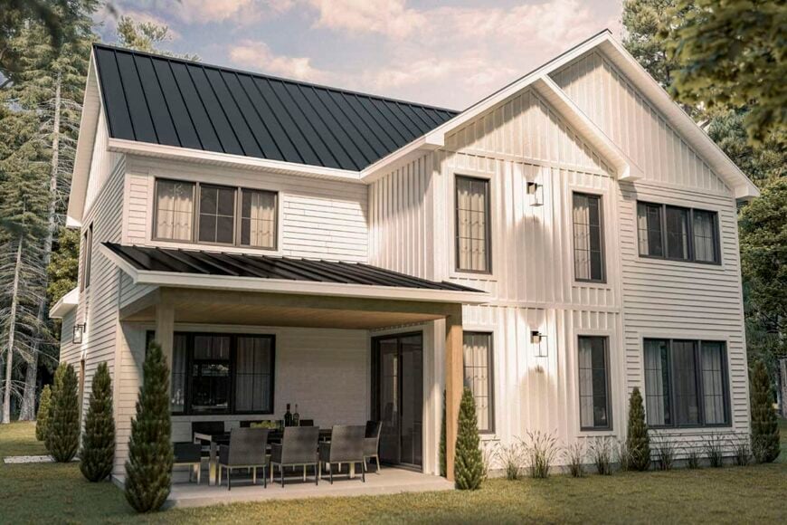 Rear rendering with large windows and a covered terrace topped by a metal shed roof.