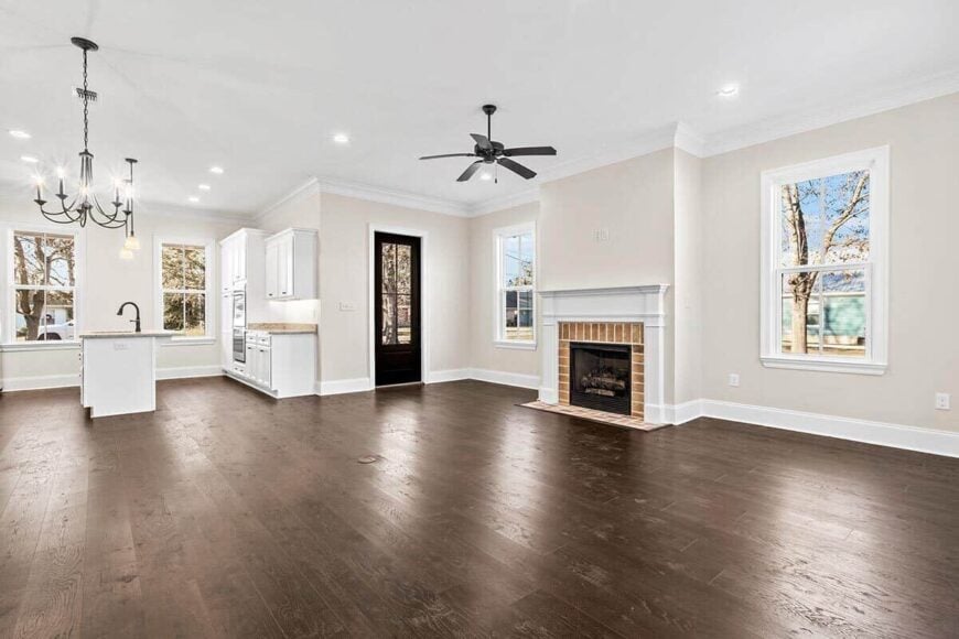 An open floor plan combining the living room, kitchen, and dining area.
