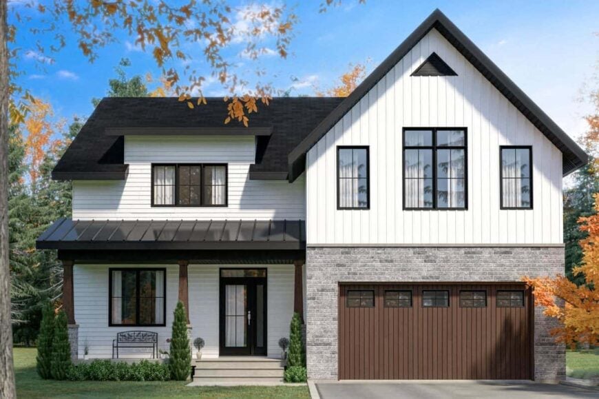 Front rendering with vertical and horizontal siding, stone accents, a double garage, and an entry porch topped by a metal roof.