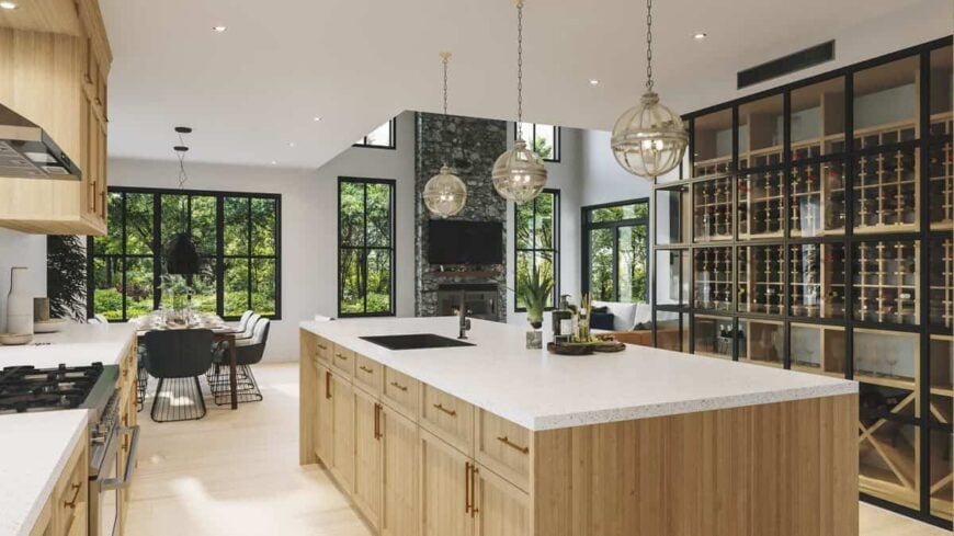 The kitchen has sweeping views of the living room and dining area.
