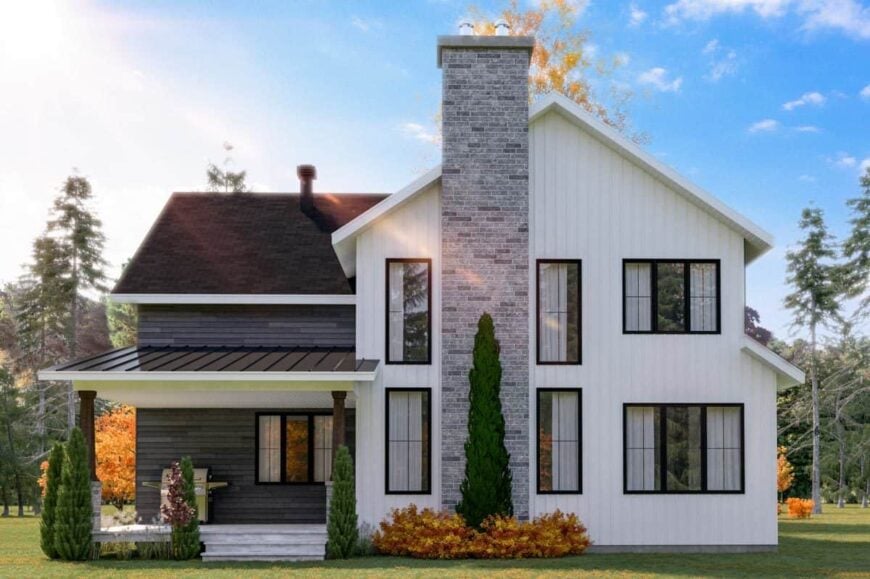 Rear rendering with contrasting siding, a stone chimney and a covered porch lined with tapered columns.