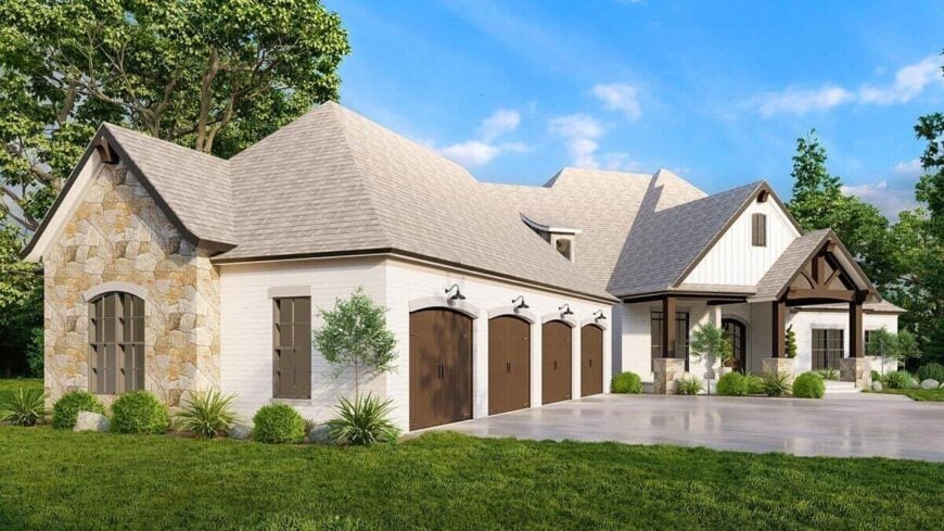 Left rendering with stone and siding, hipped and gabled roofs, and an angled garage with four arched doors.