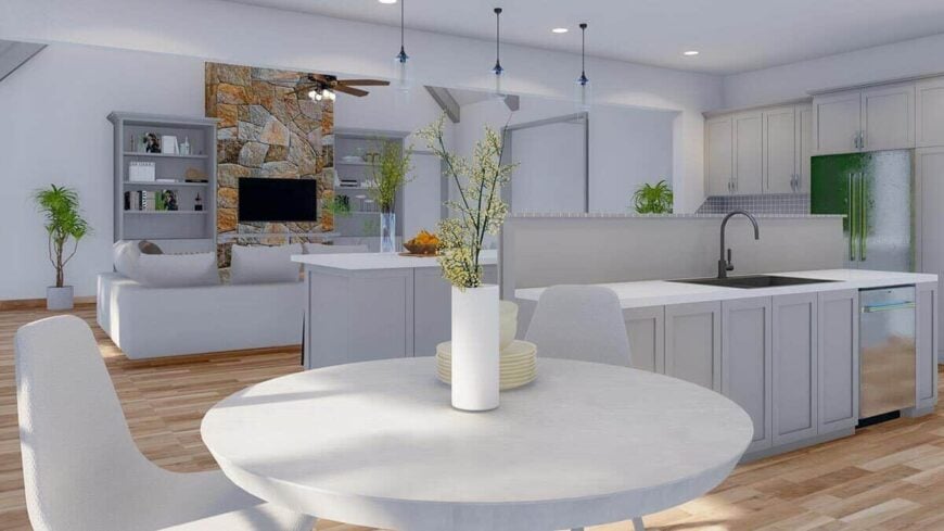 A view of the kitchen and great room from the breakfast nook.