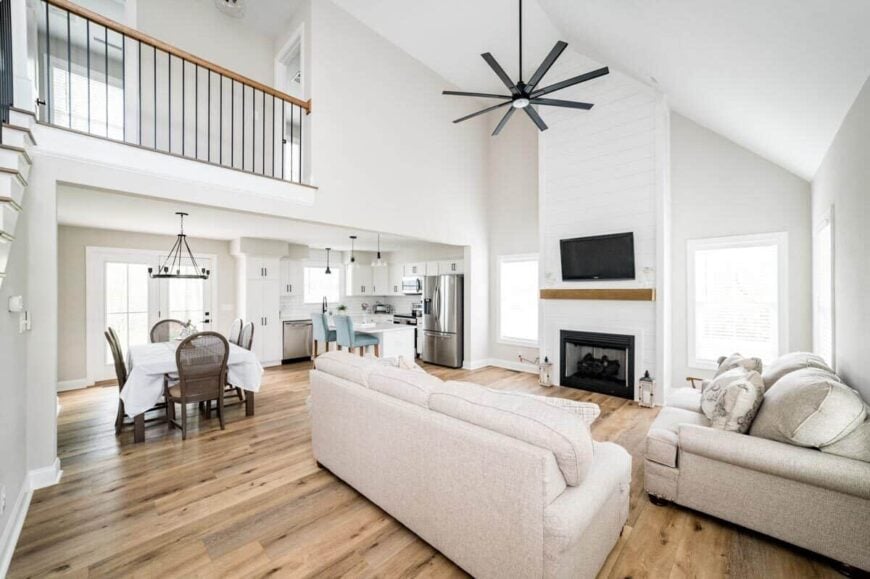 An open living space shared by the great room, dining area, and kitchen.