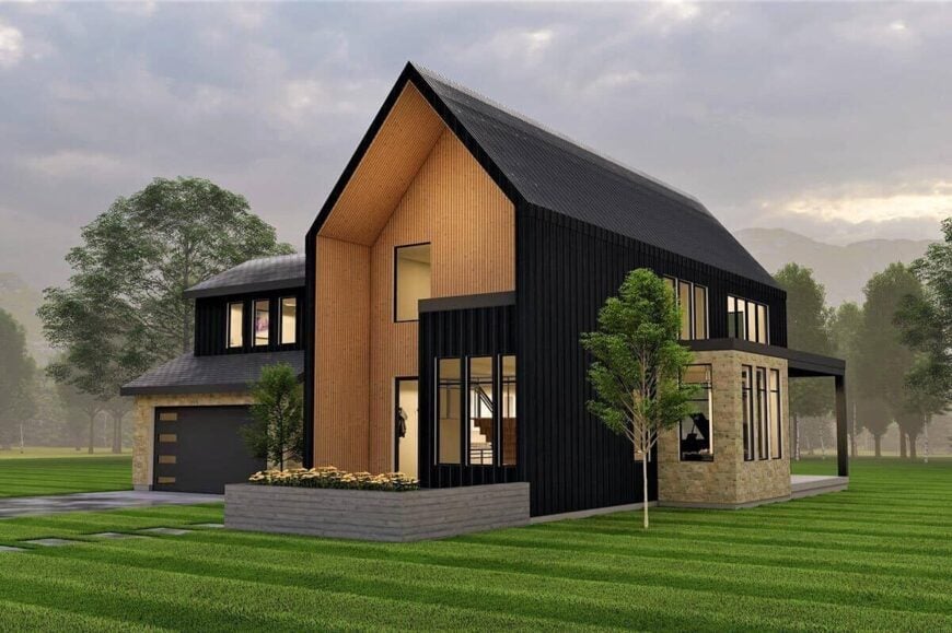 Front-right rendering showcasing its contrasting siding, stone accents, a large gable, and lots of windows.