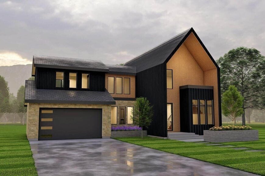 Front-left rendering with a double garage and concrete driveway.