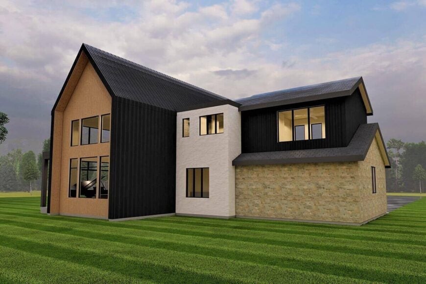 Rear-left rendering with a mix of siding and loads of windows.