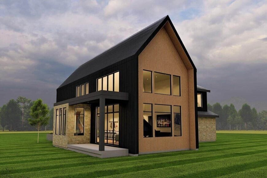 Rear-right rendering with a covered patio lined by a sole column.