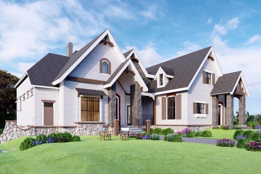 Front-left rendering with a covered entry porch and multiple gables adorned with decorative brackets.