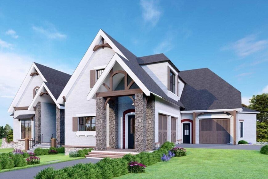 Front-right rendering showcasing the side-loading garage with a shed dormer and its own covered porch.