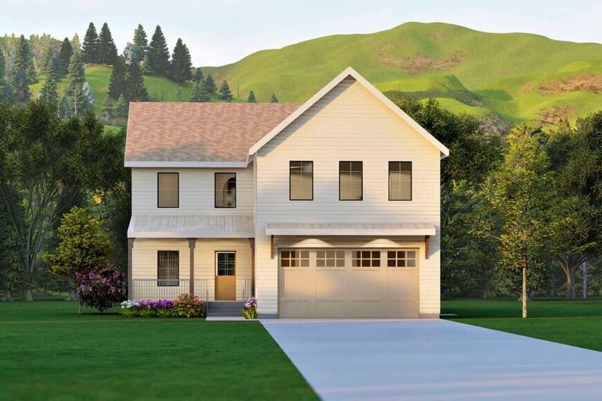 Front rendering with gable and shed roofs, a double garage, and a covered porch with a concrete stoop.