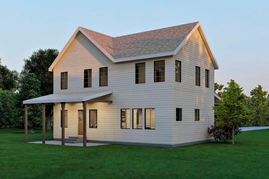Rear-left rendering with horizontal siding and a multitude of windows that bring ample natural light into the interior.