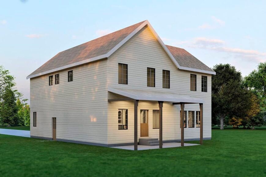 Rear-right rendering with lots of windows and a covered patio lined with rustic timbers.