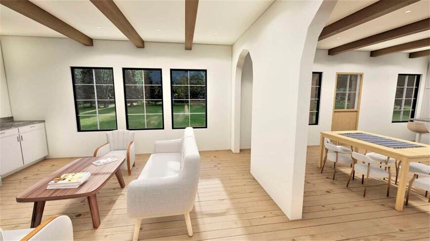 Open archways separate the beamed living and dining rooms.
