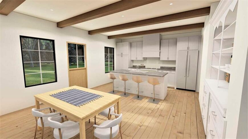 Eat-in kitchen with a 6-seater dining set, white cabinets, and a breakfast island paired with modern bar stools.