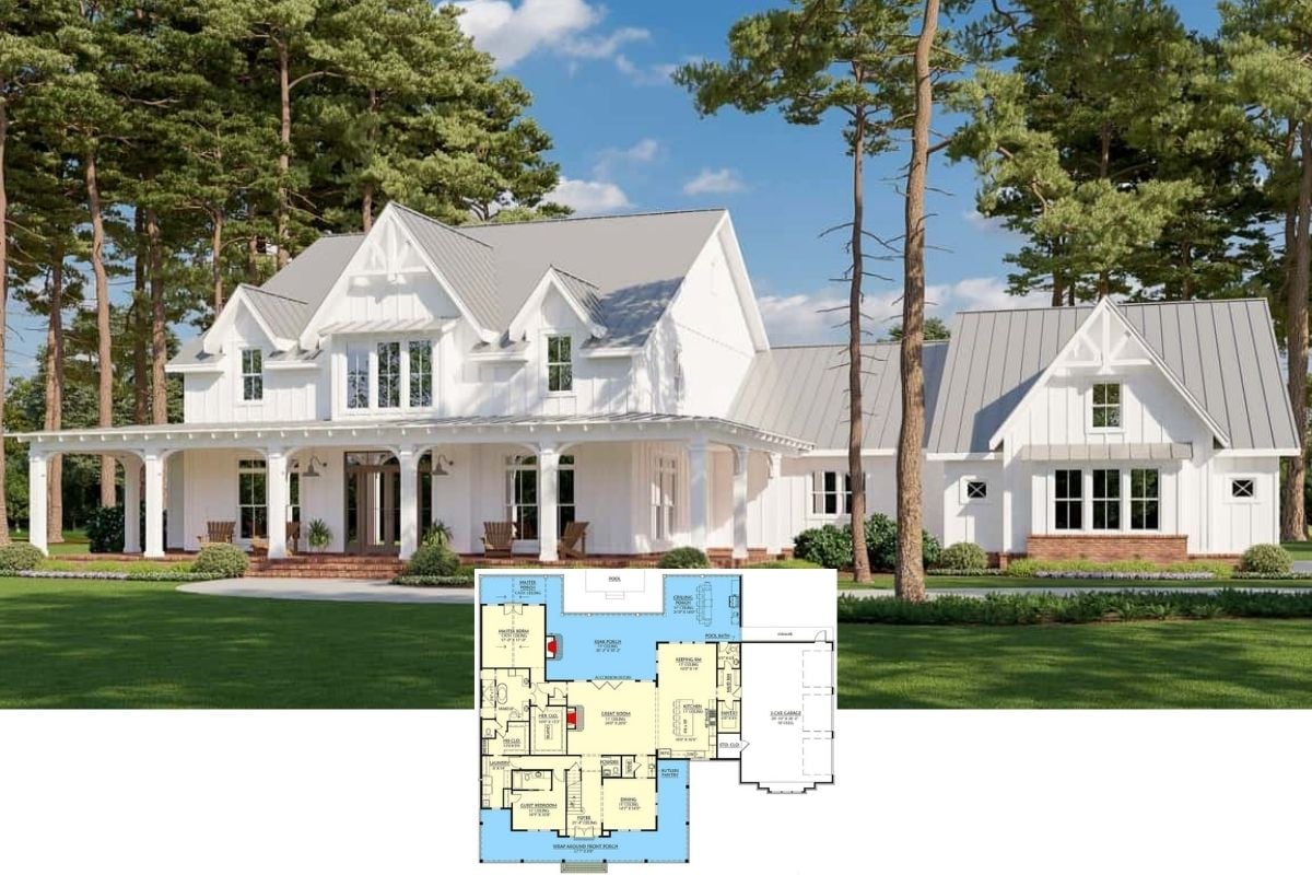 Come Tour This Modern 4-Bedroom Two-Story Gothic Farmhouse for a Corner Lot with Wraparound Front Porch (Check Out The 4000+ Sq. Ft. Floor Plan)