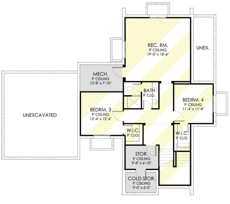 Lower level floor plan with a recreation room and two bedrooms sharing a full bathroom.