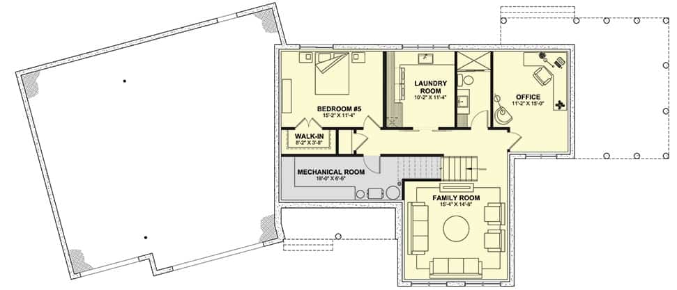Lower level floor plan with office, family room, laundry room, and another bedroom.