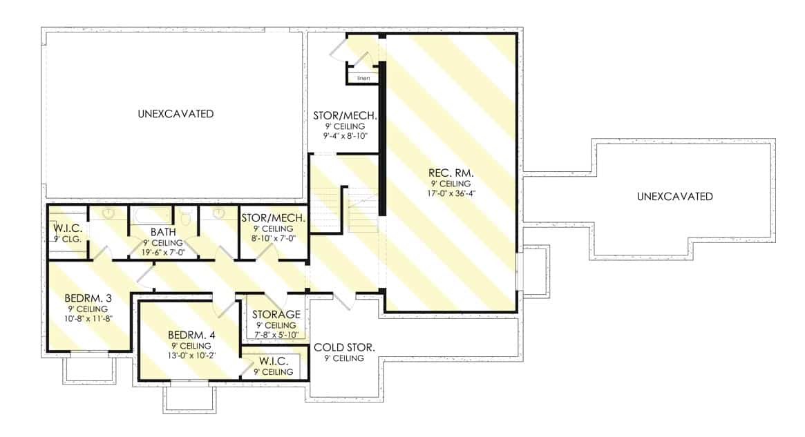 Lower level floor plan with two bedrooms, recreation room, and plenty of storage.