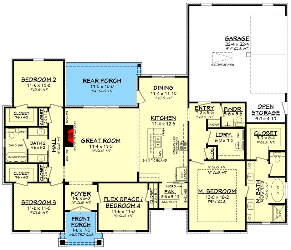 Main level floor plan of a 4-bedroom modern single-story Acadian home with foyer, great room, kitchen, dining area, laundry, and rear garage.