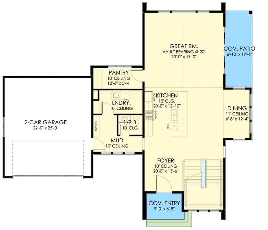 Main level floor plan of a 4-bedroom two-story Scandinavian style home with foyer, great room, dining room, kitchen, laundry, and mudroom that leads to the garage.