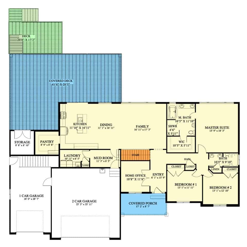 Main level floor plan of a single-story 3-bedroom ranch with foyer, family room, dining area, kitchen, three bedrooms, and a mudroom leading to the garage.