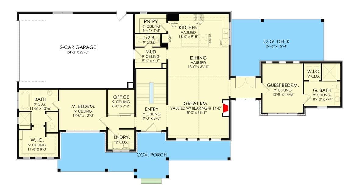 Main level floor plan of a single-story 4-bedroom modern farmhouse with a front porch, living room, dining area, kitchen, three bedrooms, and a sunroom that opens to the rear garage.