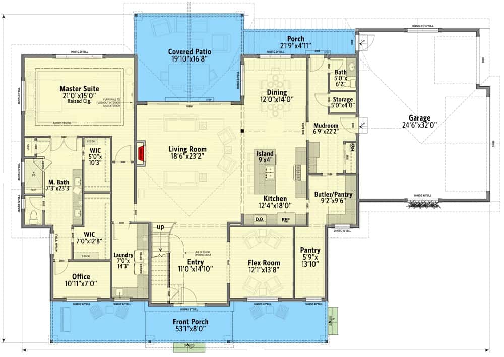 Main level floor plan of a two-story 4-bedroom modern farmhouse with a grand entry, living room, kitchen, dining area, flex room, primary suite, home office, mudroom leading to the garage, and lots of outdoor spaces.